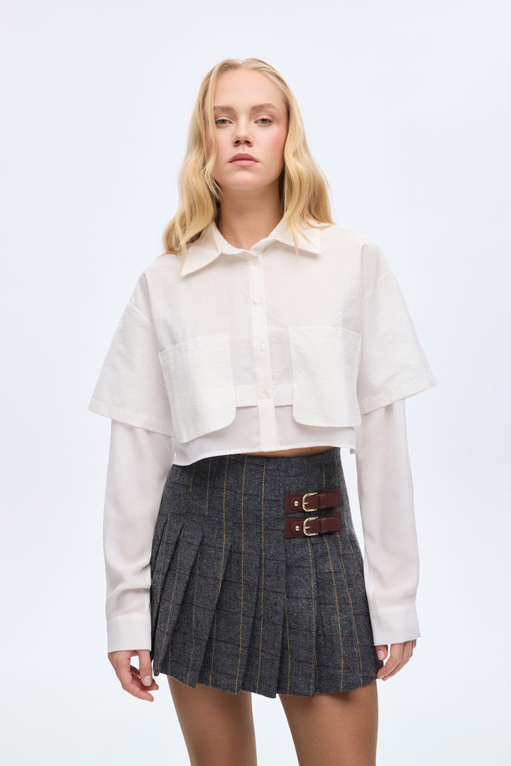 Çift Kat Görünümlü Crop Gömlek Ekru