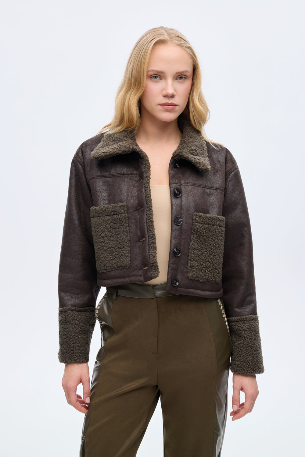 Kürk Garnili Süet Kısa Mont Haki