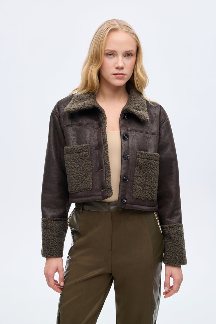 Kürk Garnili Süet Kısa Mont Haki