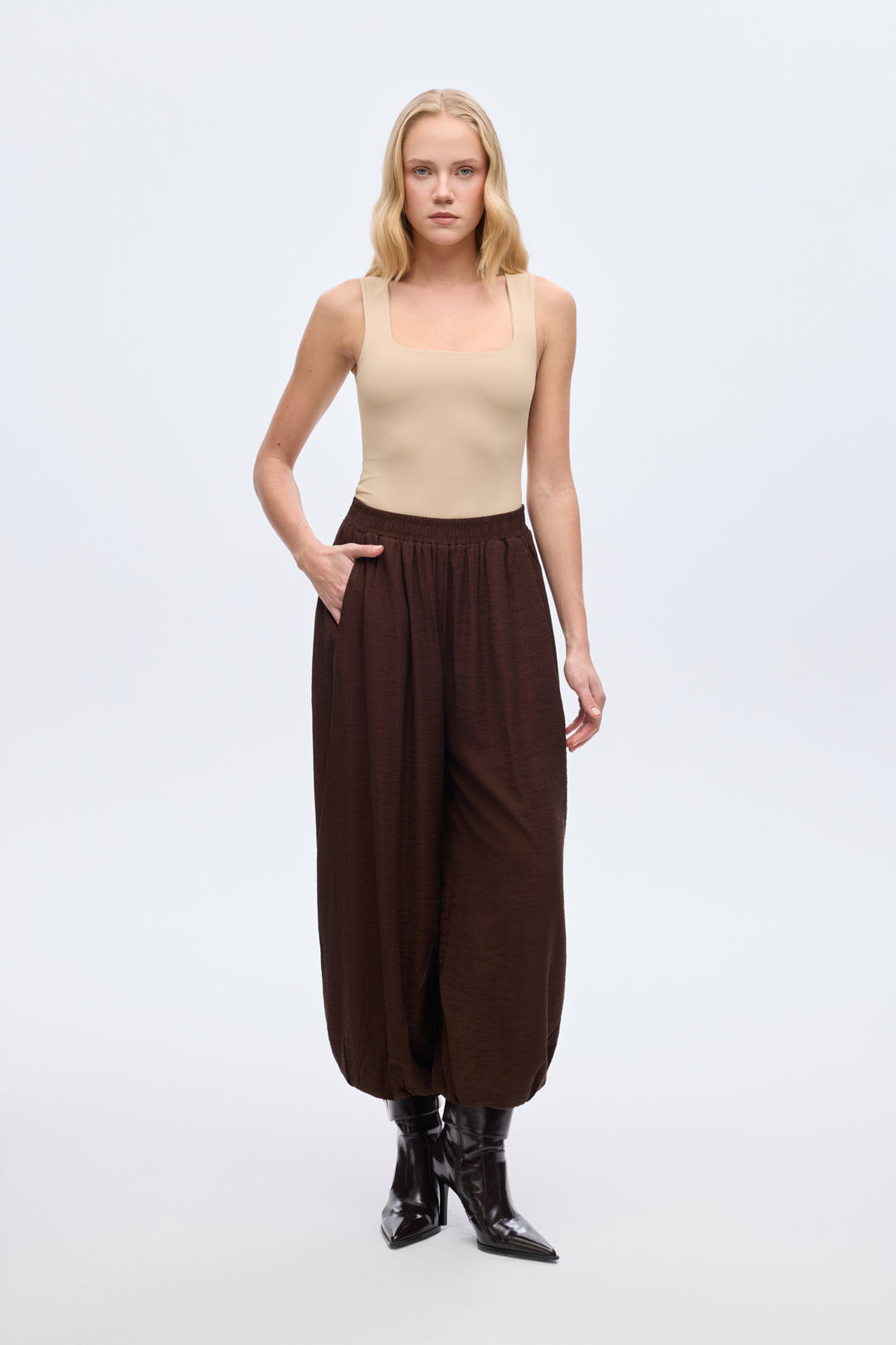 Beli Lastikli Pileli Şalvar Pantolon Kahverengi