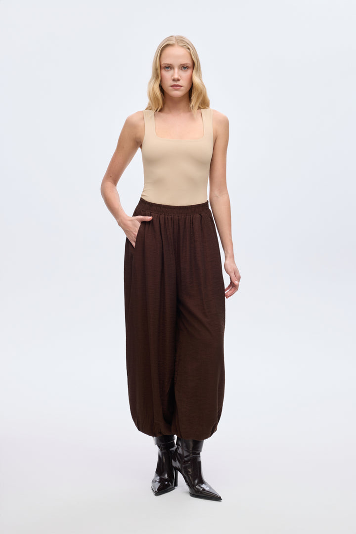 Beli Lastikli Pileli Şalvar Pantolon Kahverengi