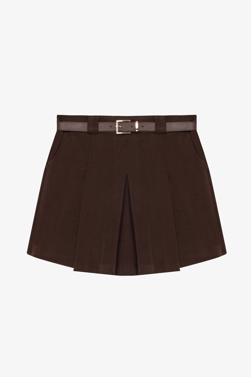 Kemerli Kalın Pileli Mini Şort Etek Kahverengi