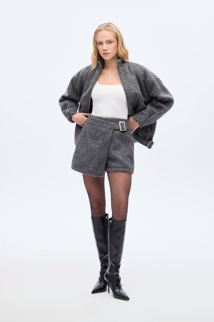 Tüylü Anvelop Mini Şort Etek Antrasit