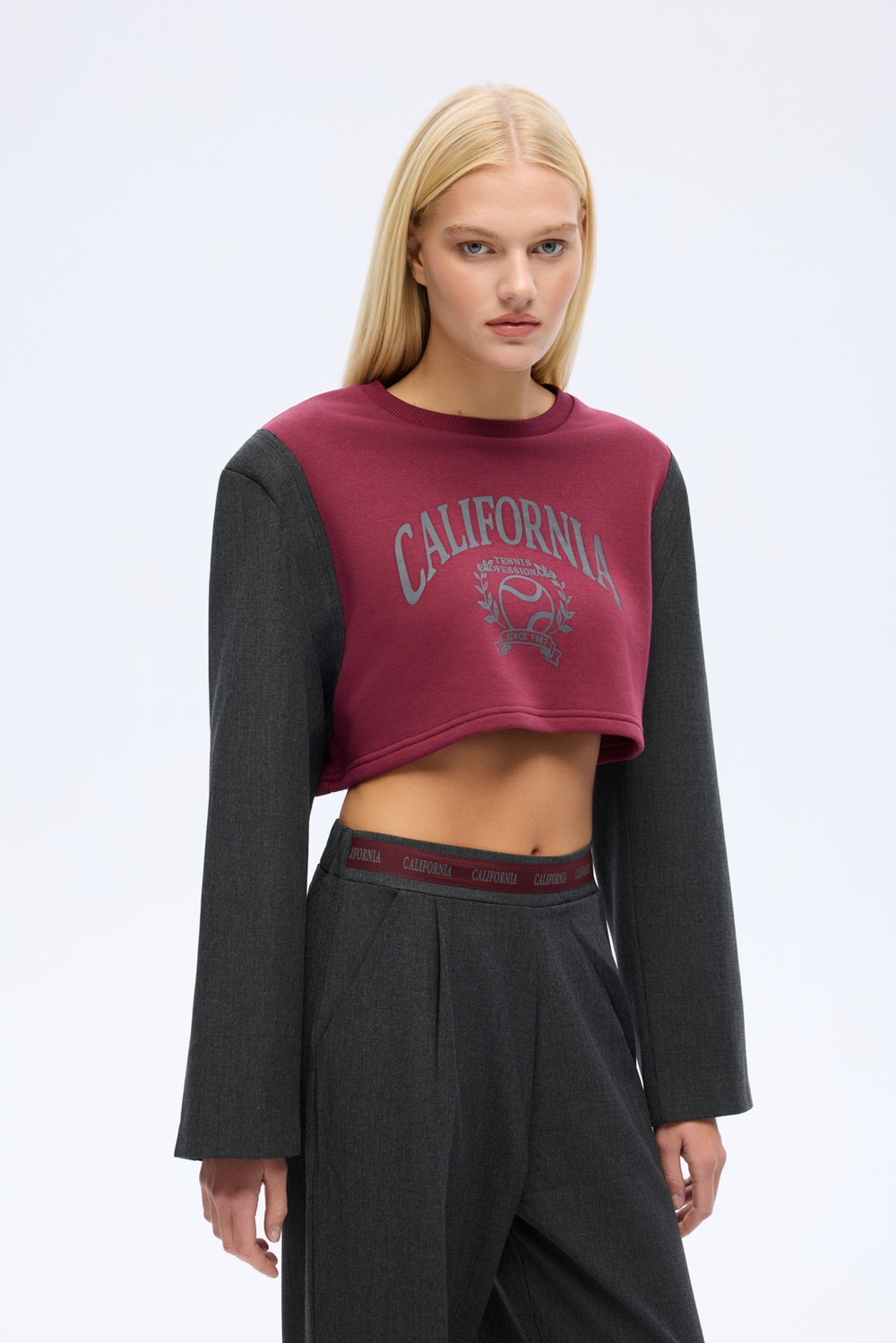 Blazer Garnili Vatkalı Crop Sweatshirt Bordo