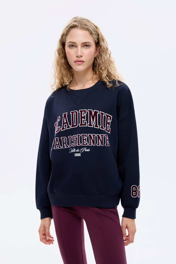 Yazı Baskılı Nakış İşlemeli Oversize Sweatshirt Lacivert