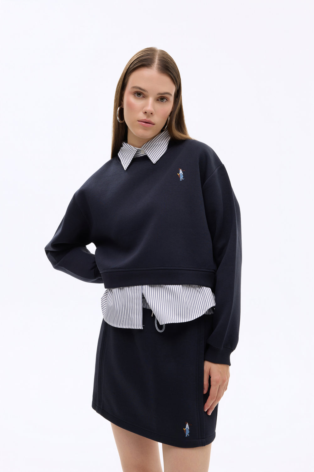 Gömlek Garnili Nakışlı Sweatshirt Lacivert