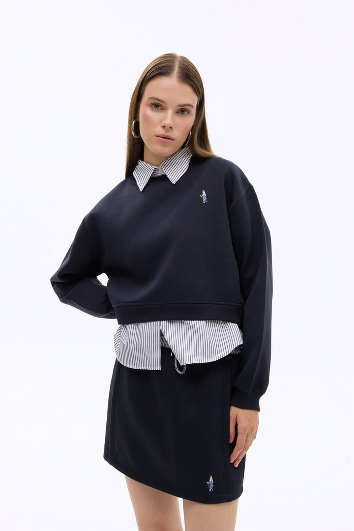 Gömlek Garnili Nakışlı Sweatshirt Lacivert