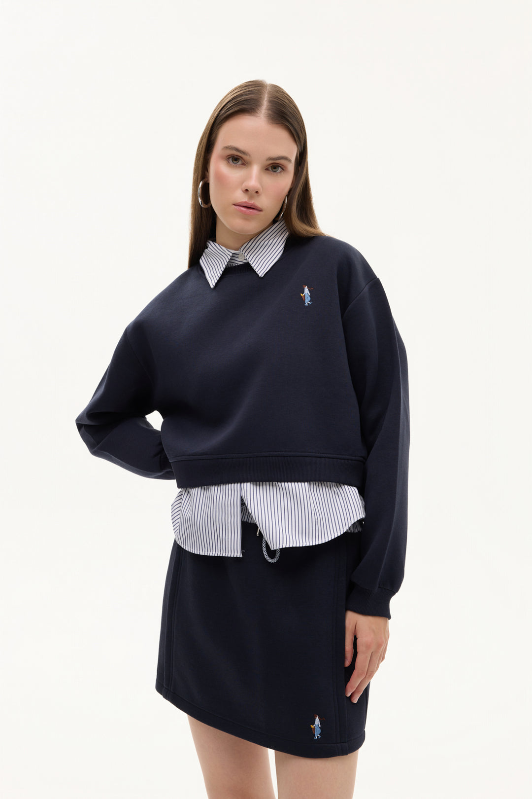 Gömlek Garnili Nakışlı Sweatshirt Lacivert