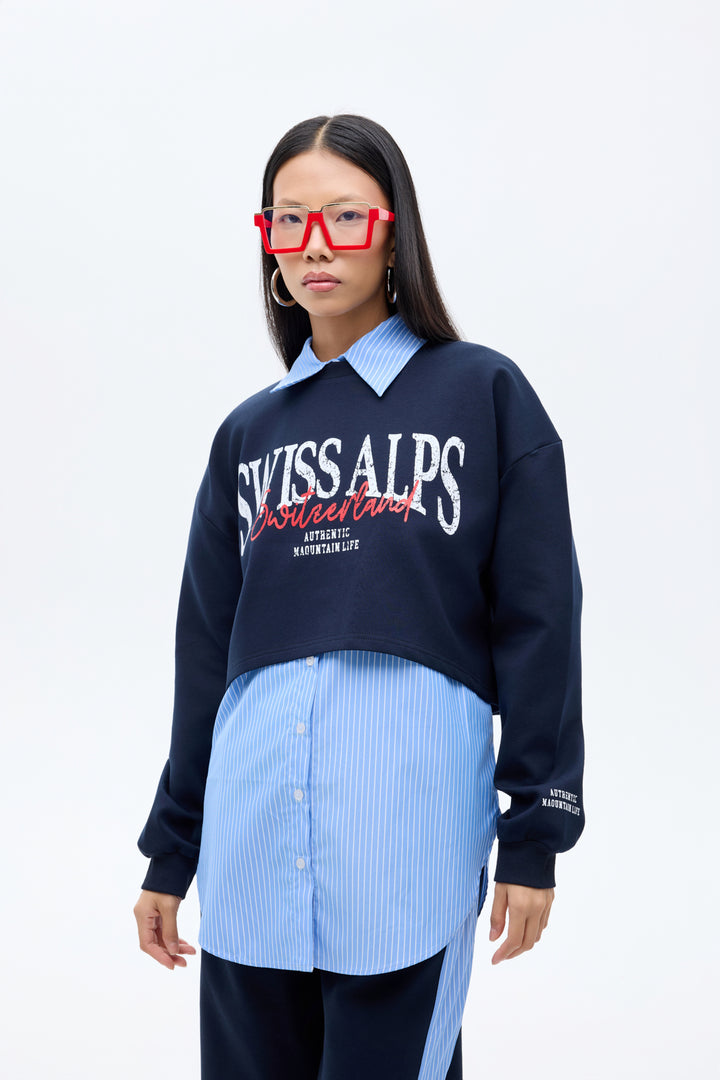 Çizgili Gömlek Garnili Yazı Baskılı Oversize Sweatshirt Mavi
