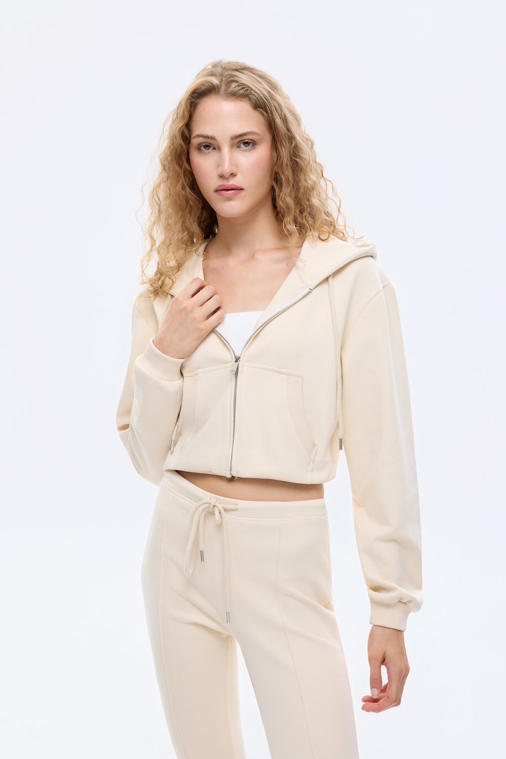 Kapüşonlu Fermuarlı Basic Sweatshirt Bej