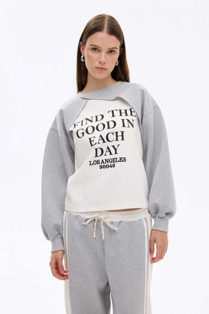 Match Detaylı Yazı Baskılı Bisiklet Yaka Sweatshirt Gri