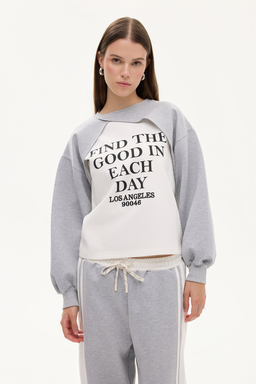 Match Detaylı Yazı Baskılı Bisiklet Yaka Sweatshirt Gri