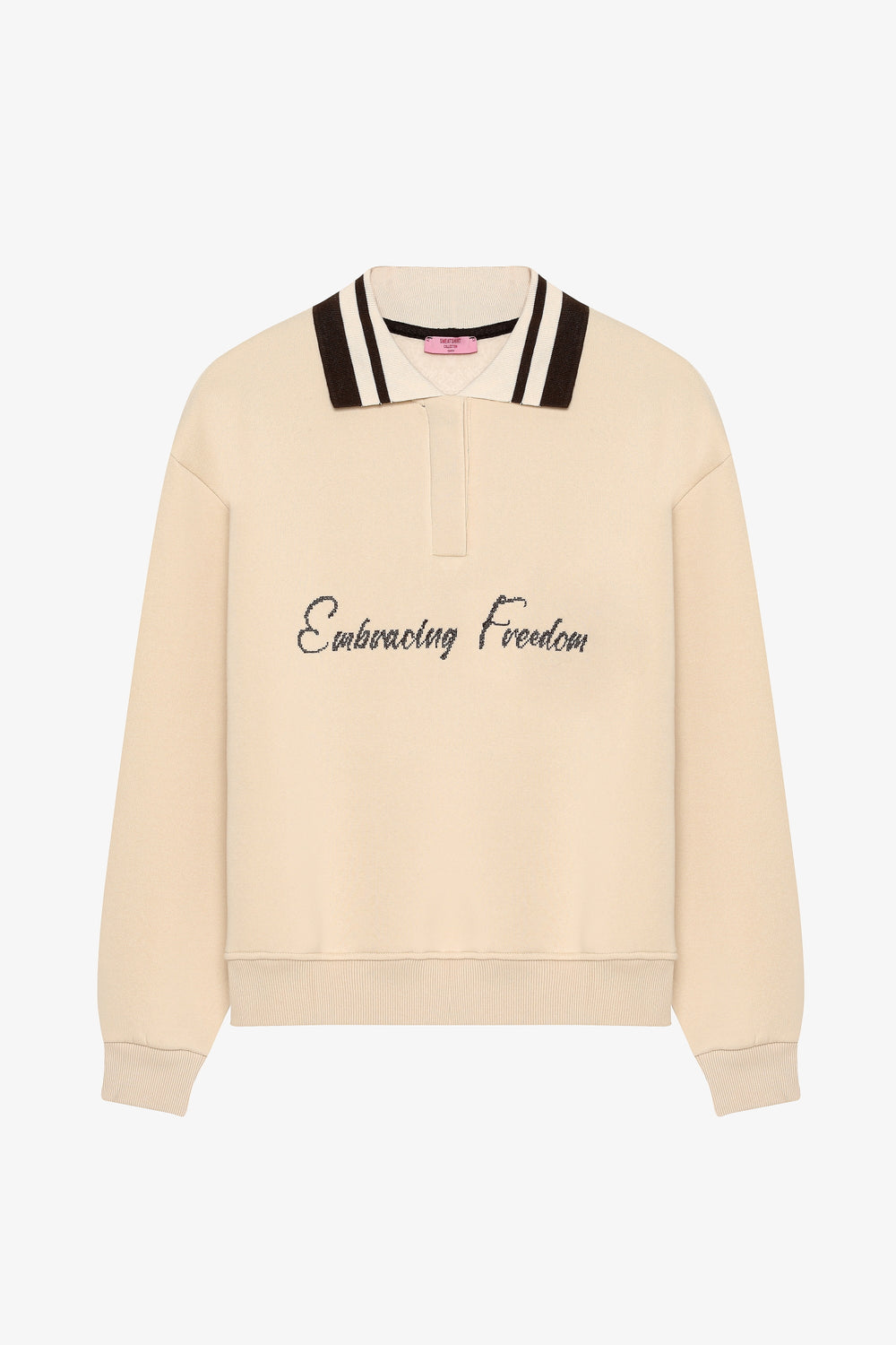 Yazı Nakışlı Şeritli Polo Yaka Oversize Sweatshirt Bej
