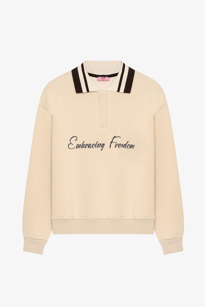 Yazı Nakışlı Şeritli Polo Yaka Oversize Sweatshirt Bej