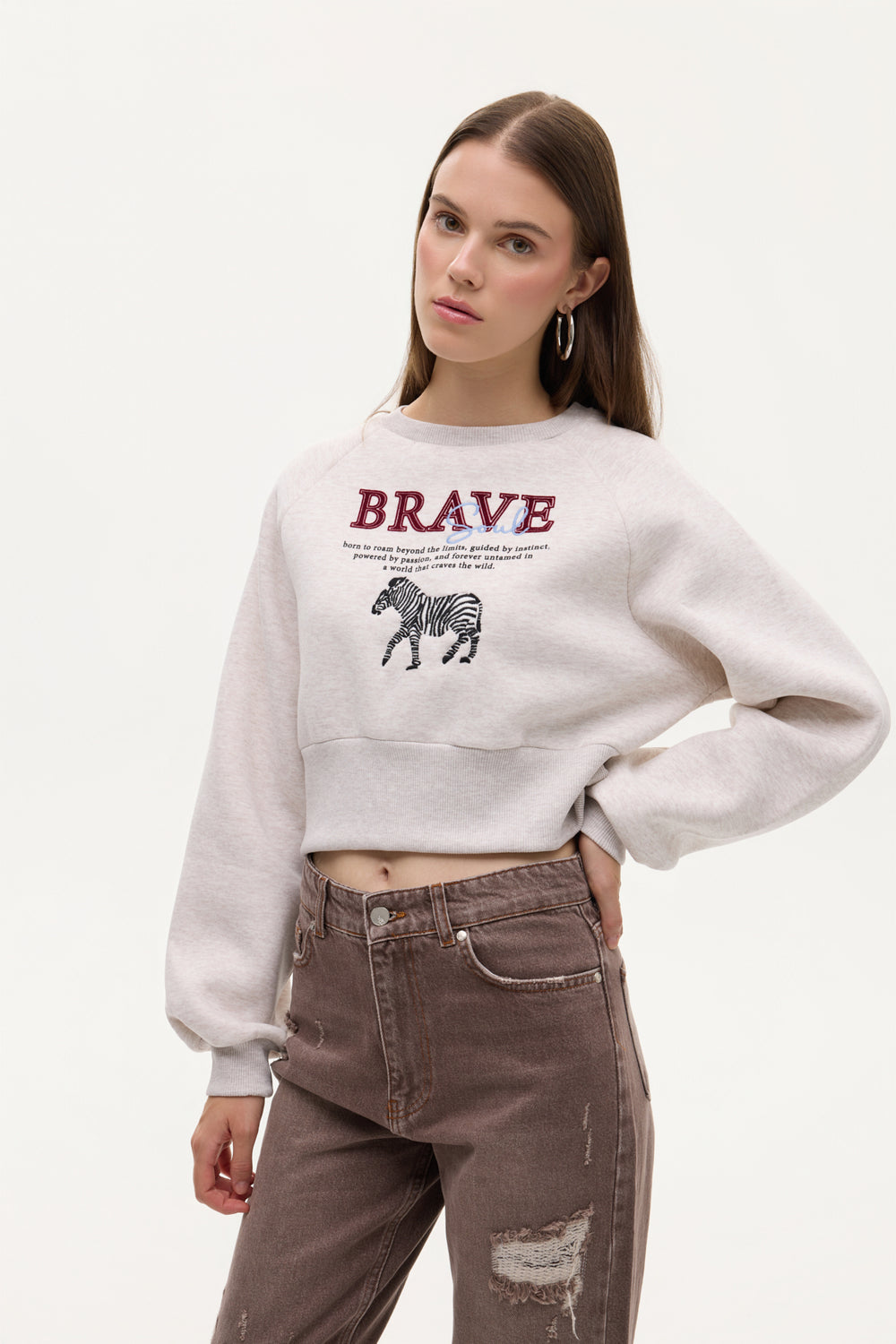 Zebra Nakışlı Sırtı Fermuarlı Sweatshirt Bej