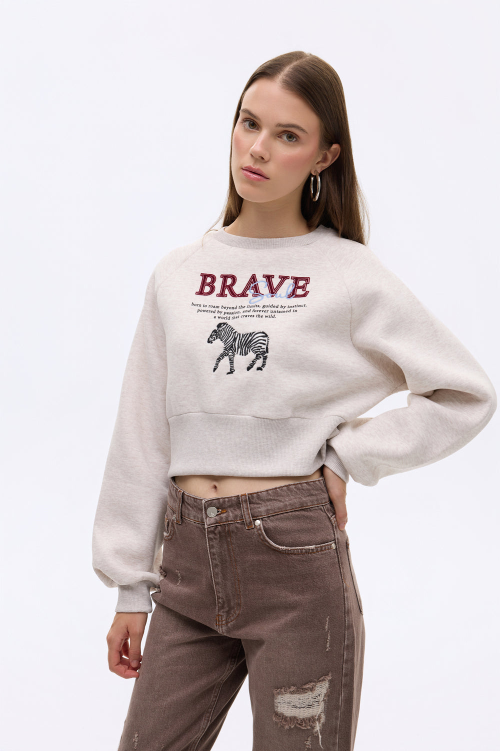 Zebra Nakışlı Sırtı Fermuarlı Sweatshirt Bej