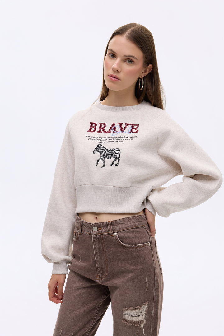 Zebra Nakışlı Sırtı Fermuarlı Sweatshirt Bej
