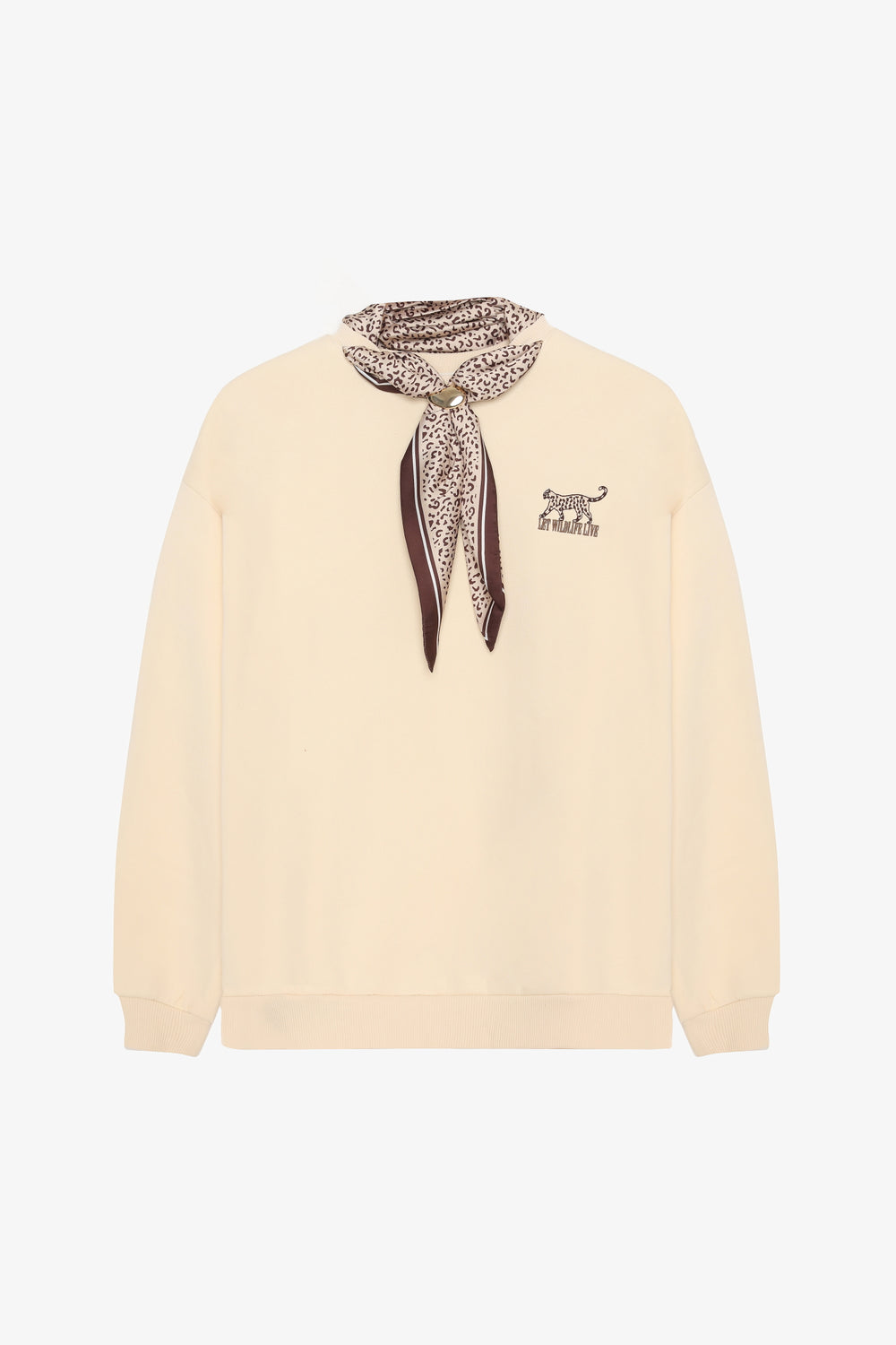 Fularlı Leopar Nakışlı Oversize Sweatshirt Bej