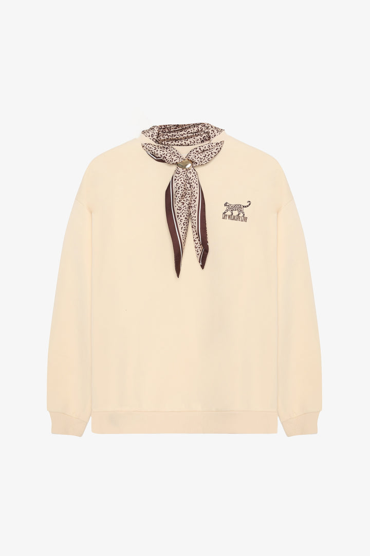 Fularlı Leopar Nakışlı Oversize Sweatshirt Bej