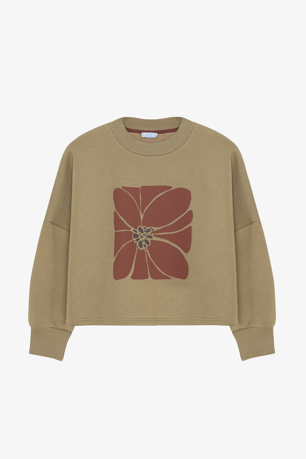 Çiçek Baskılı Oversize Sweatshirt Haki