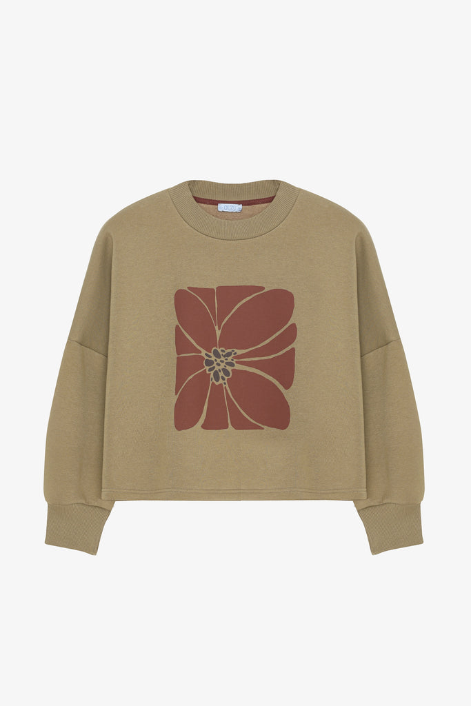 Çiçek Baskılı Oversize Sweatshirt Haki