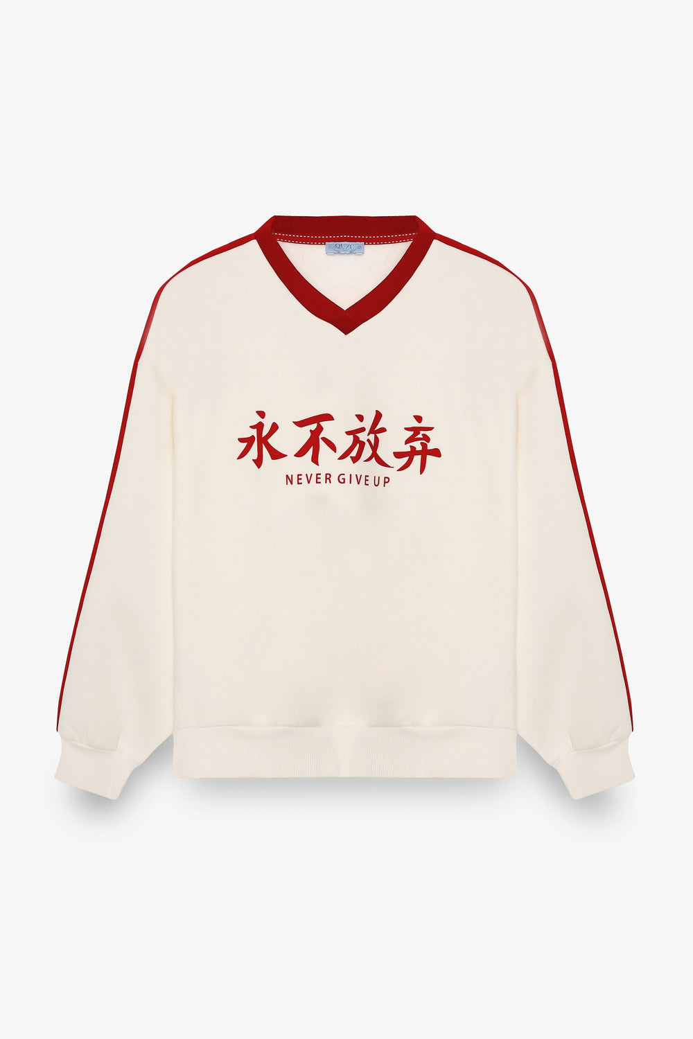 Şeritli Yazı Baskılı V Yaka Sweatshirt Ekru