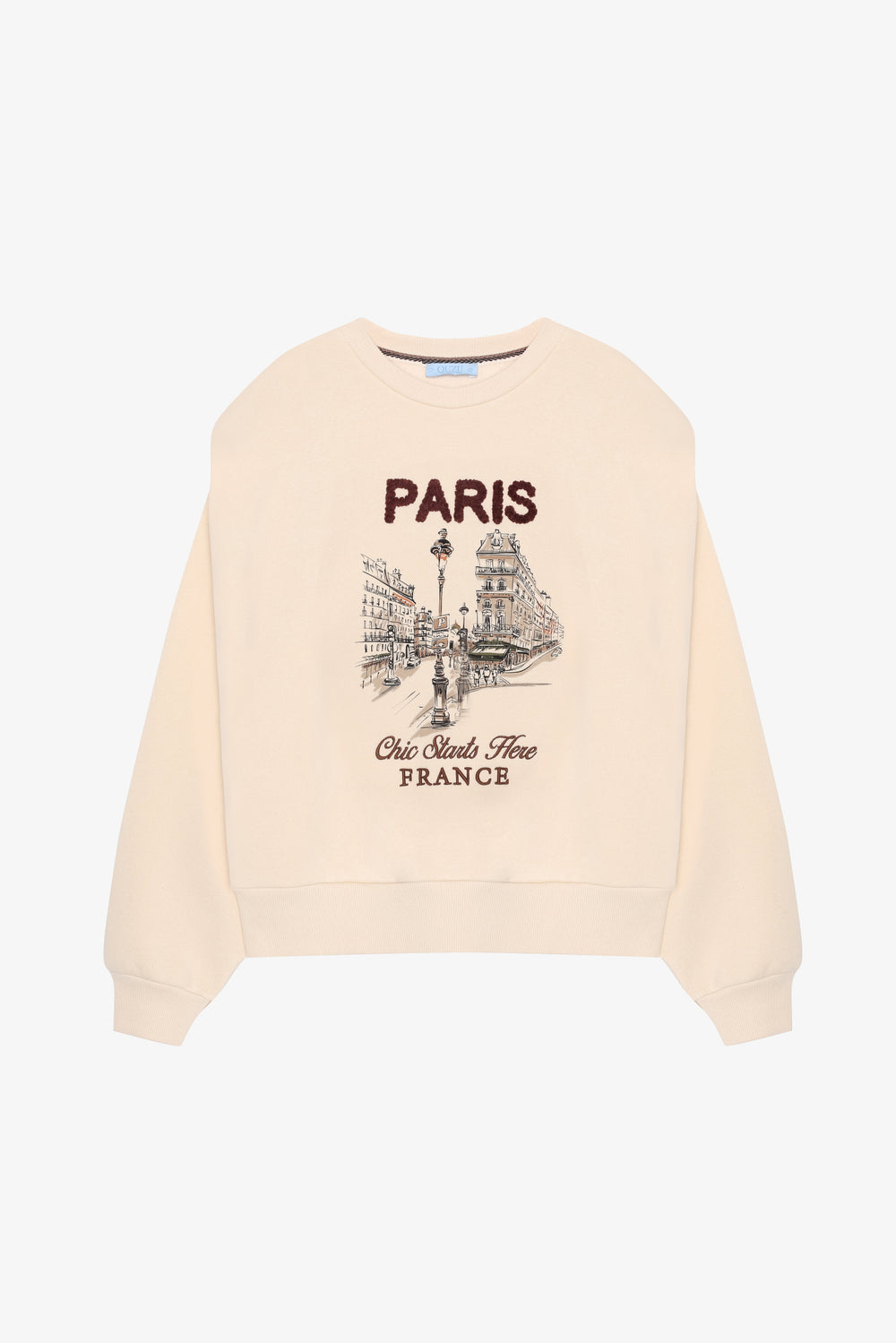 Vatkalı Paris Baskılı Oversize Sweatshirt Bej