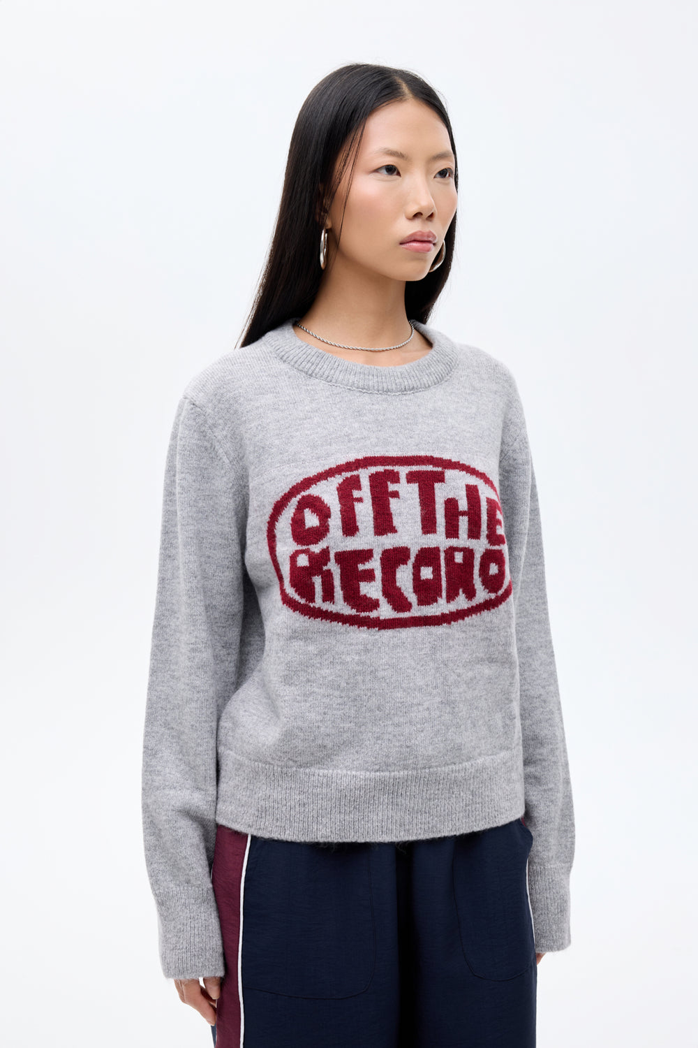 Off The Record Yazılı Bisiklet Yaka Triko Kazak Gri