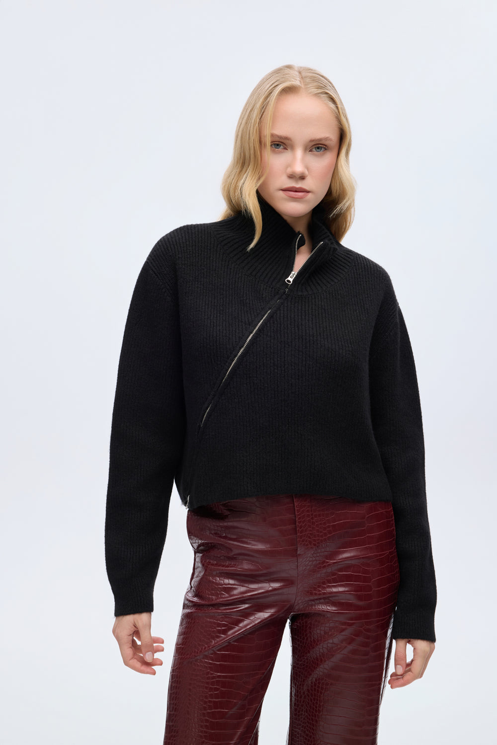 Asimetrik Fermuarlı Triko Kazak Siyah