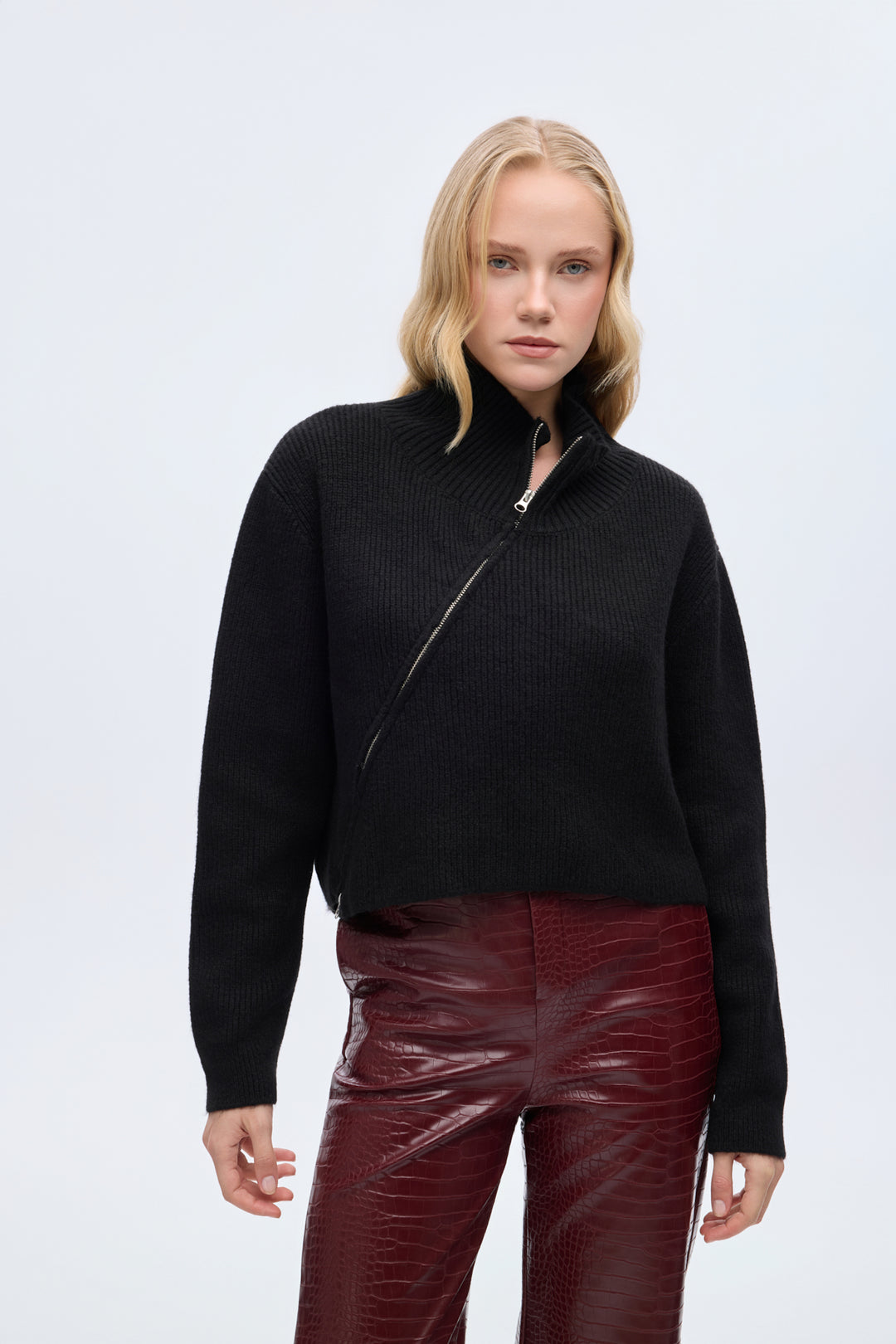 Asimetrik Fermuarlı Triko Kazak Siyah