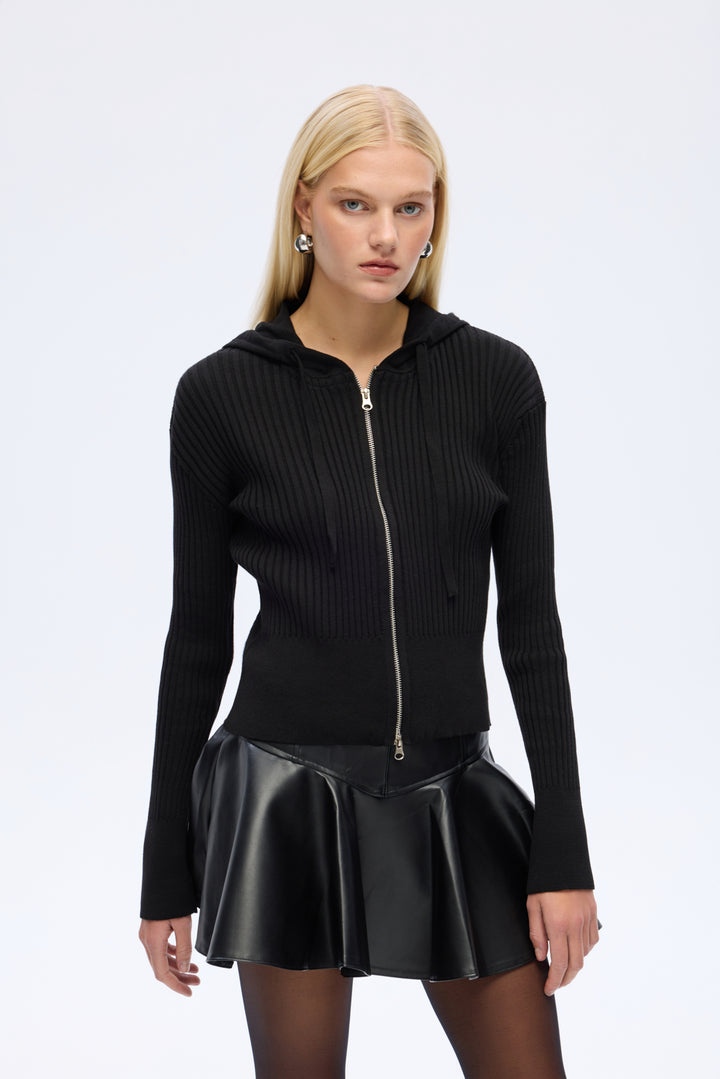 Fermuarlı Kapüşonlu Triko Hırka Siyah