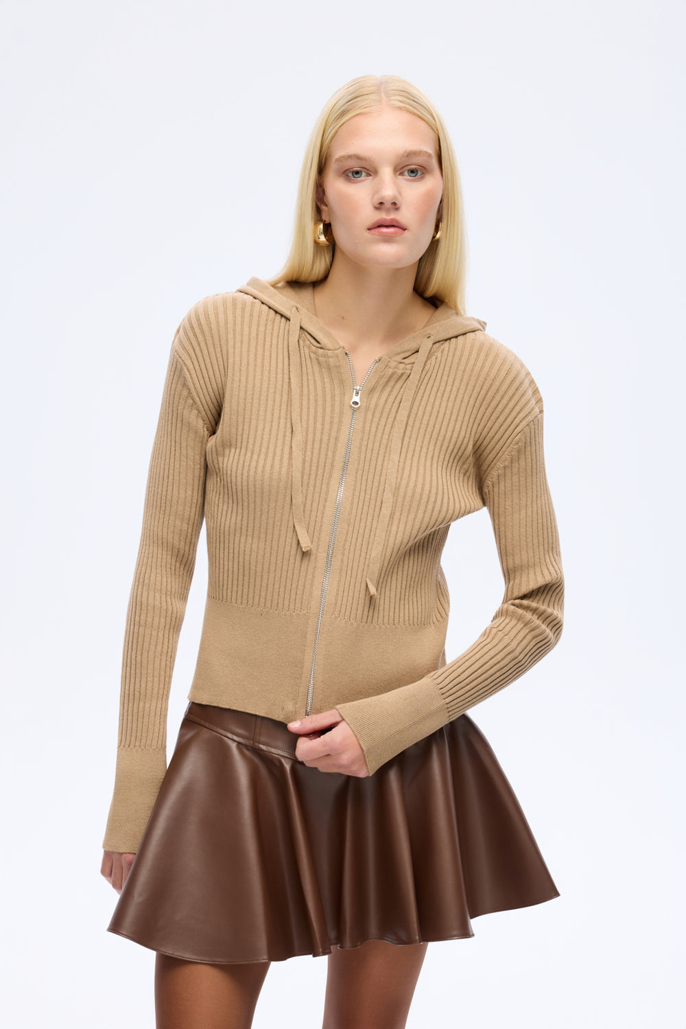 Fermuarlı Kapüşonlu Triko Hırka Vizon