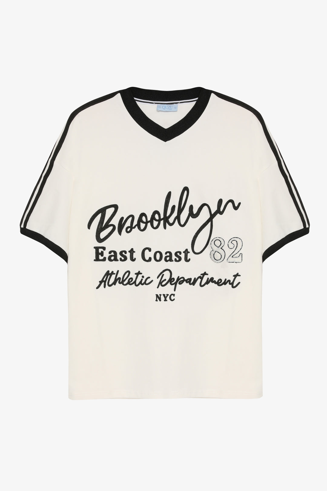 Brooklyn Nakışlı V Yaka Oversize Tişört Ekru