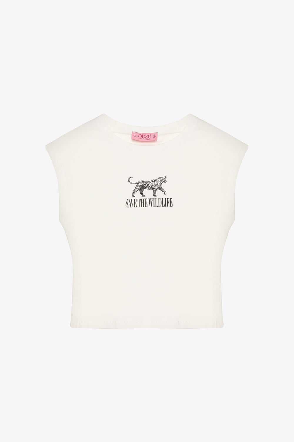 Leopar Figürlü Bisiklet Yaka Crop Tişört Ekru