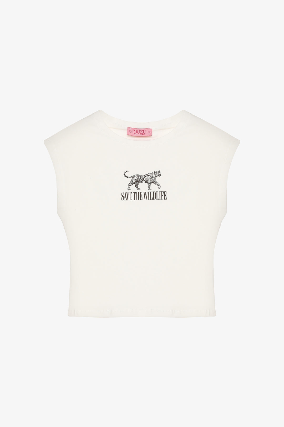 Leopar Figürlü Bisiklet Yaka Crop Tişört Ekru