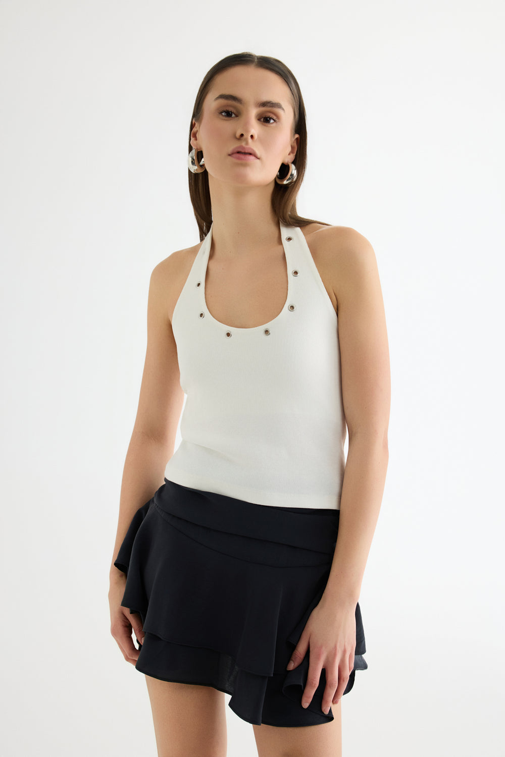 Kuş Gözü Detaylı Halter Yaka Atlet Ekru