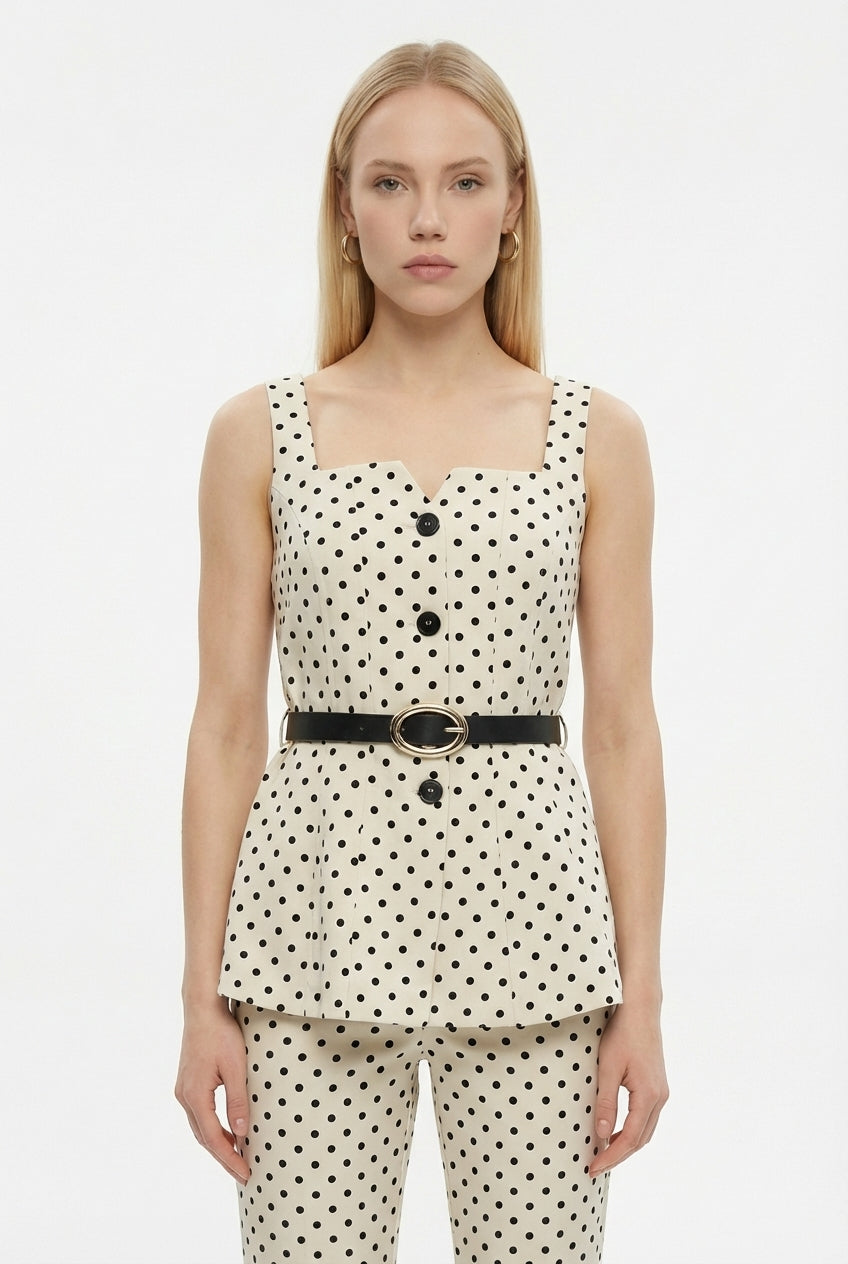 Puantiyeli Kemerli Kare Yaka Bluz Krem