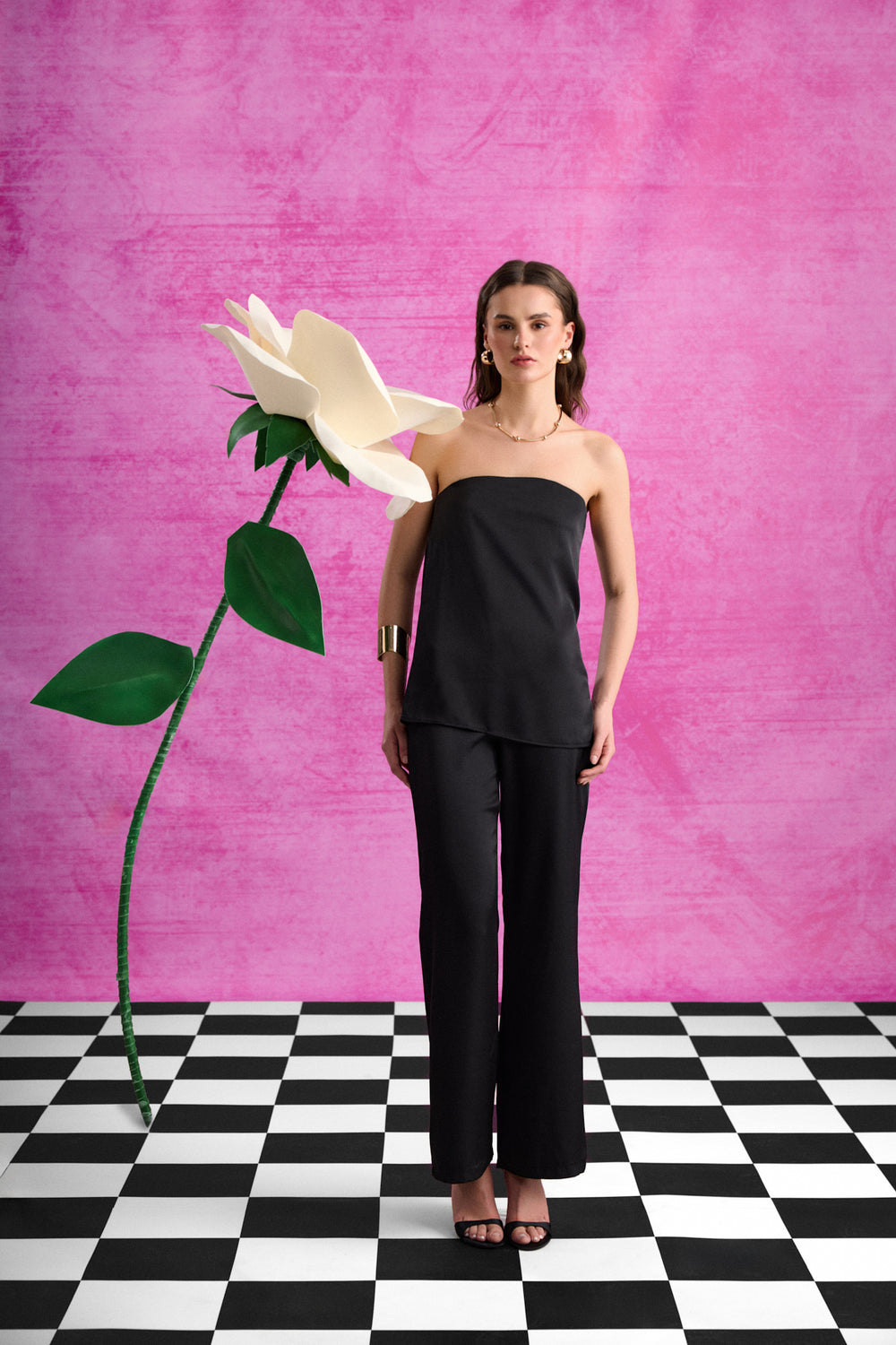 Straplez Saten Bluz Siyah