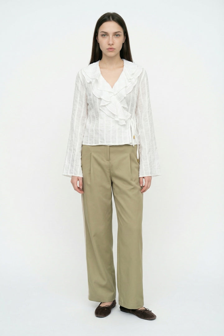 Fırfırlı Kruvaze Bağlamalı Bluz Ekru