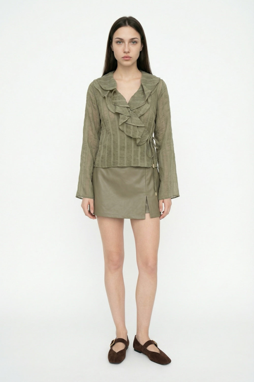 Fırfırlı Kruvaze Bağlamalı Bluz Haki