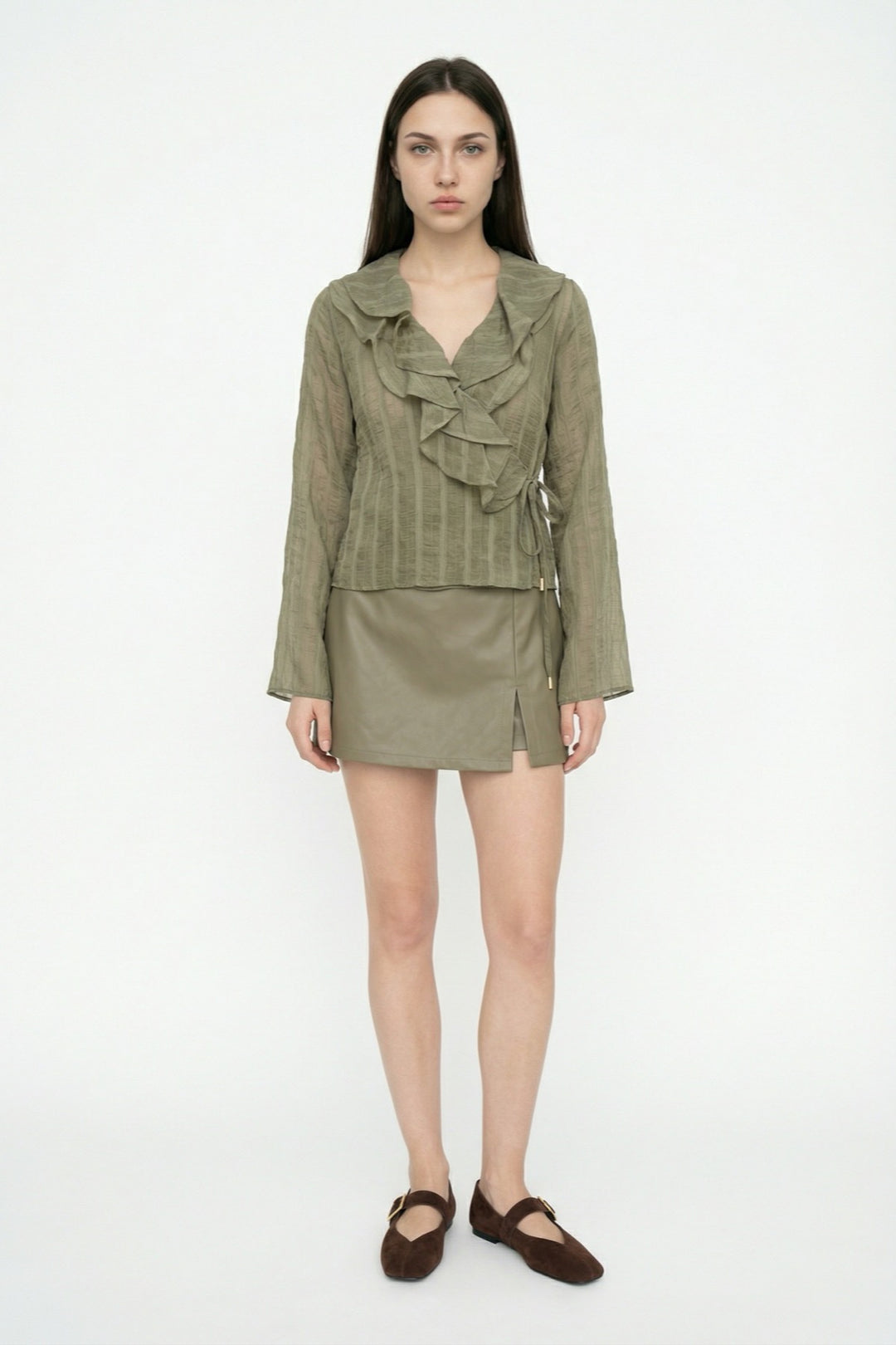 Fırfırlı Kruvaze Bağlamalı Bluz Haki