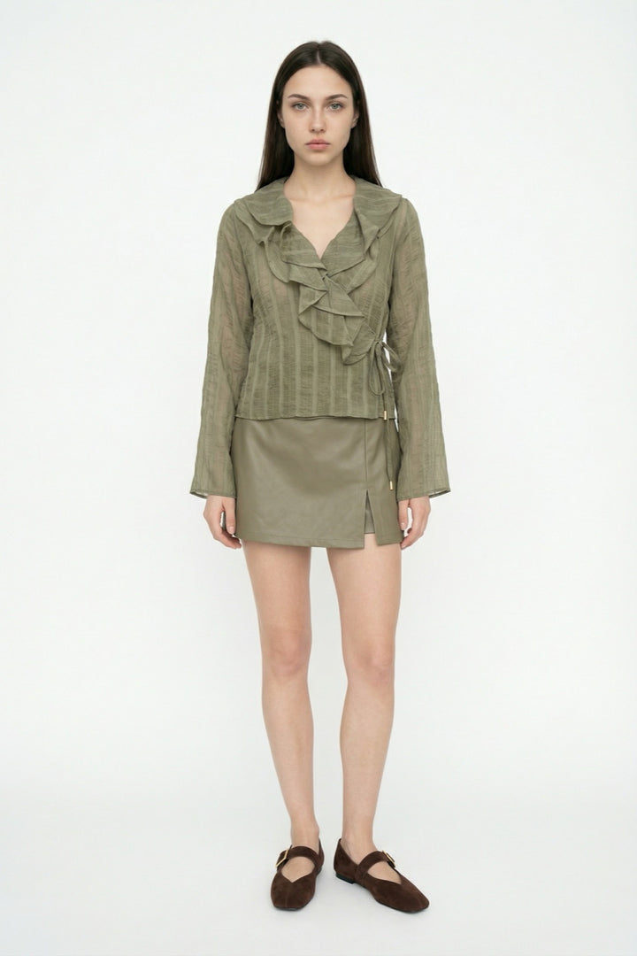 Fırfırlı Kruvaze Bağlamalı Bluz Haki