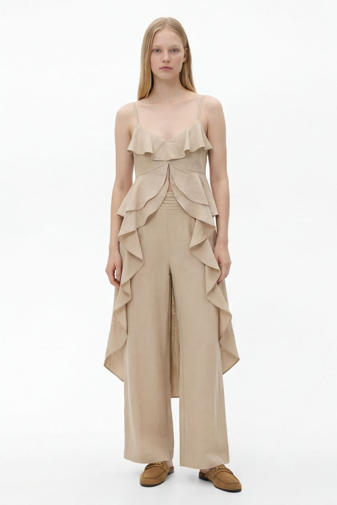 Pileli Bel Bantlı Bol Paça Pantolon Bej