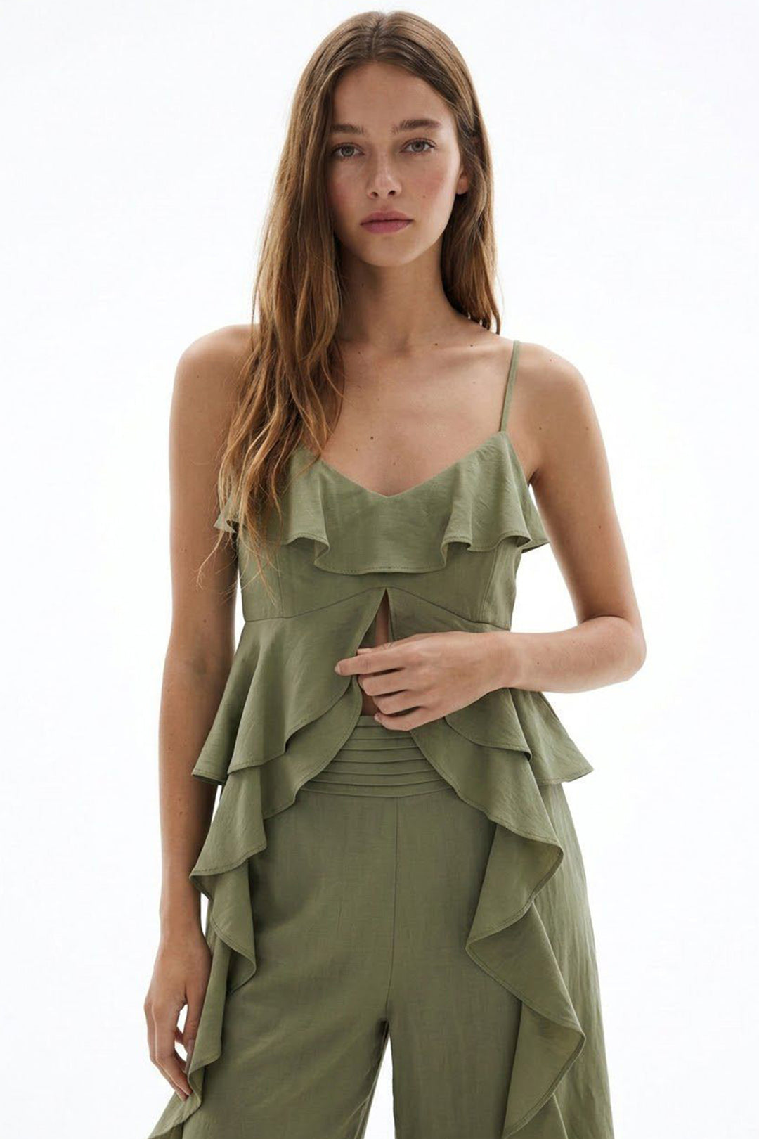 Askılı Volanlı Asimetrik Bluz Haki