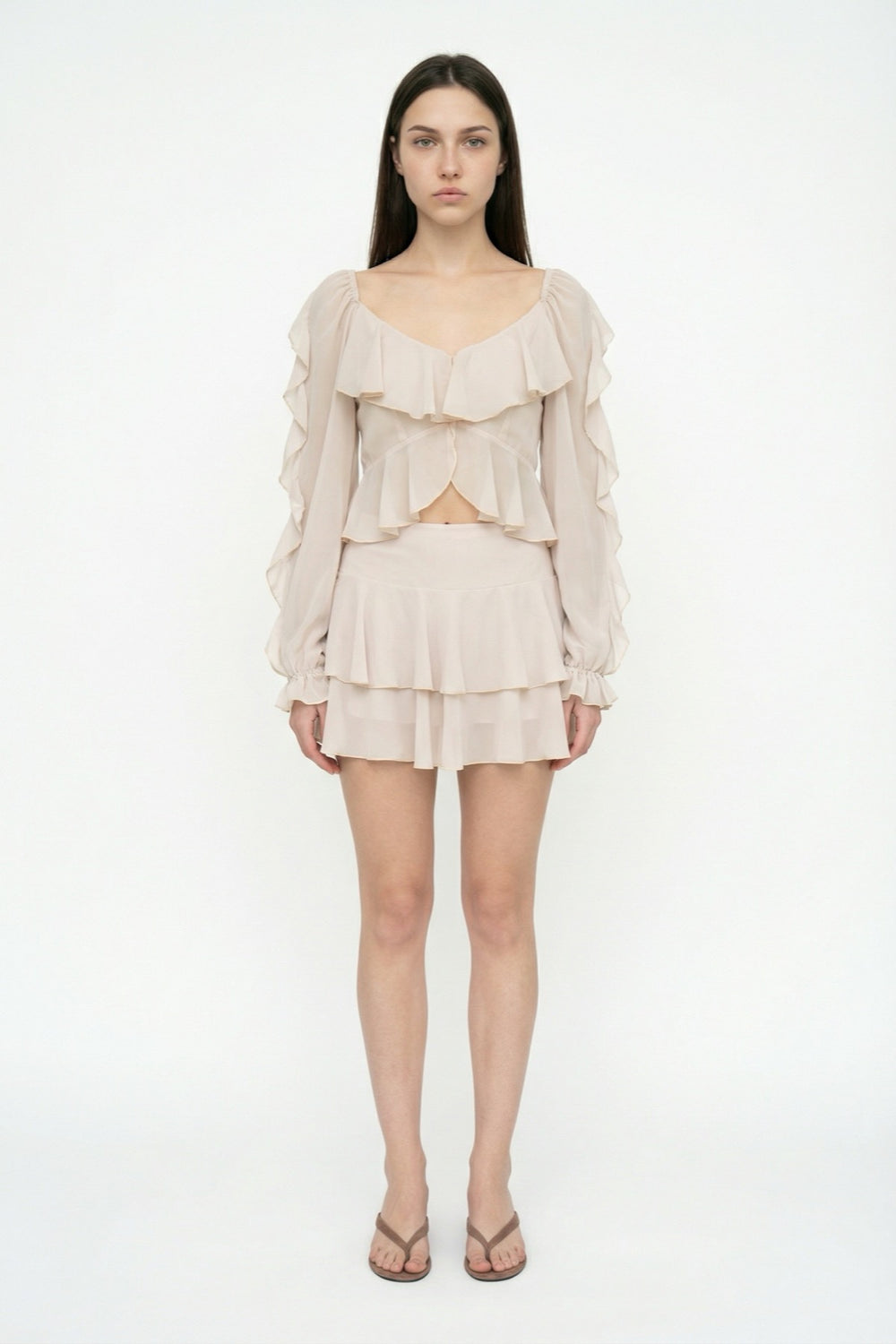 Fırfırlı V Yaka Şifon Bluz Bej