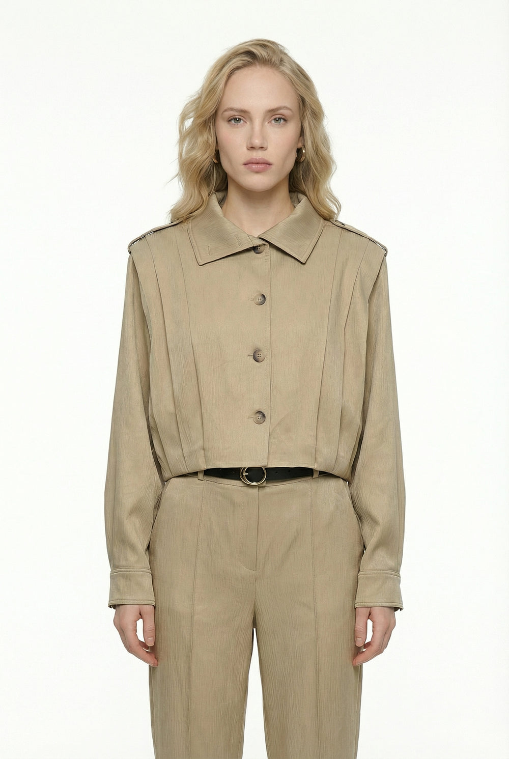 Apoletli Pile Detaylı Kısa Ceket Bej