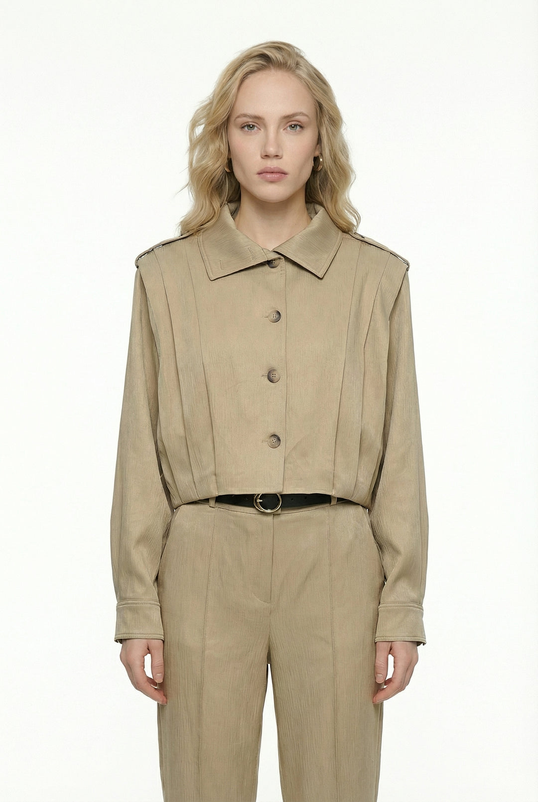 Apoletli Pile Detaylı Kısa Ceket Bej