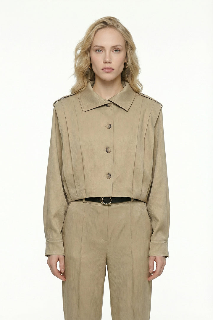 Apoletli Pile Detaylı Kısa Ceket Bej