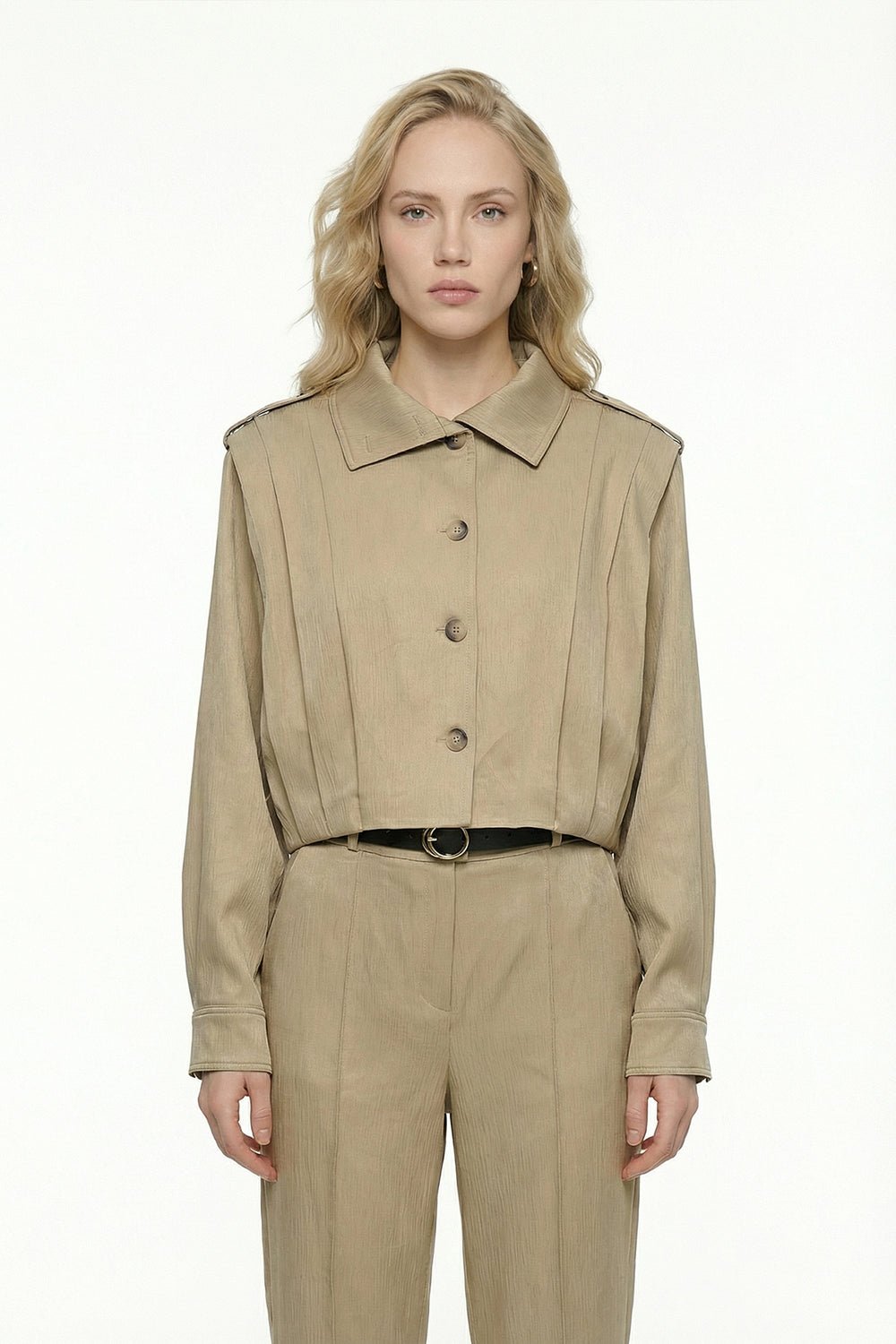 Apoletli Pile Detaylı Kısa Ceket Bej