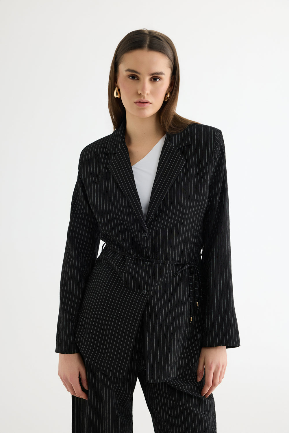 Çizgili Bağcıklı Gömlek Ceket Siyah
